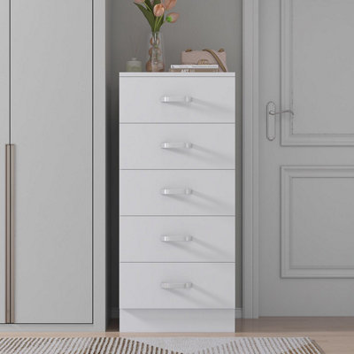B&Q -  Tunis White 5 Drawer Chest Of Drawers Modern Bedroom Furniture (H) 90 (W) 40 (D) 40Cm