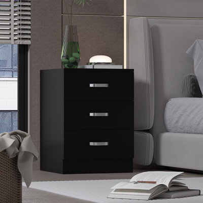 FWStyle Large 3 Drawer Matt Black Bedside Table Nightstand Chest Of Drawers - Image 7