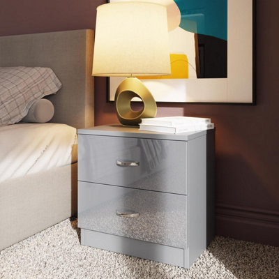 B&Q -  Grey Gloss 2 Drawer Bedside Chest Table Nightstand