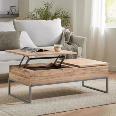 Lift Up Storage Coffee Table Light Oak Metal Frame Furniture - Image 6