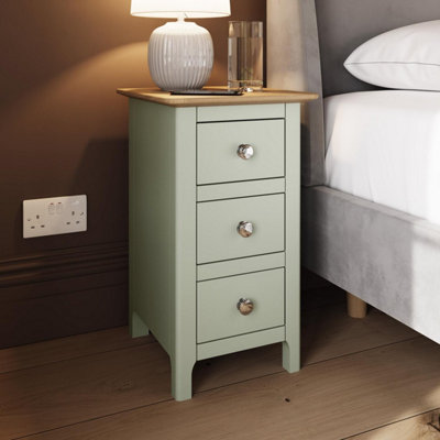 Fwstyle Slim 3 Drawer Bedside Table Nightstand Solid Oak Painted Finish Sage Green