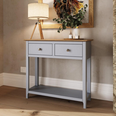 Fwstyle Solid Oak 2 Drawer Console Table Dove Large Oak Top Painted Finish Grey