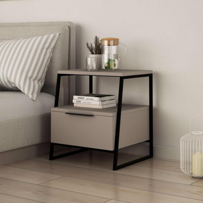 Fwstyle Mocha Grey 1 Drawer Modern Bedside Table Nightstand Black Metal Frame from B&Q