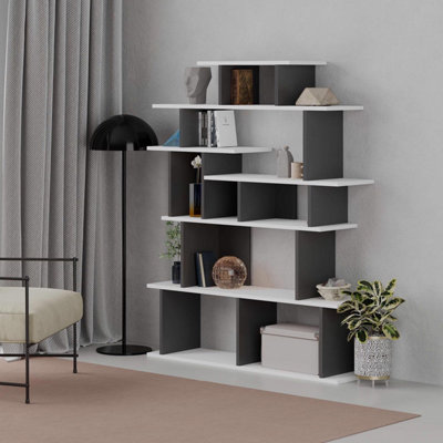 Fwstyle & 6 Tier Bookcase Shelving Unit Scratch Resistant White/Grey