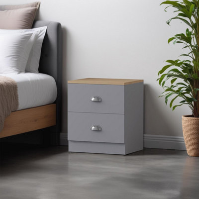Fwstyle Matt 2 Drawer Bedside Table Cabinet Oak Top Nightstand Grey