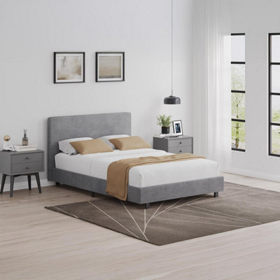 Grey Small Double Bed Frame Wooden Slats Tall Padded Headboard Ribbed Fabric - Image 7