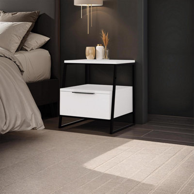 Fwstyle White 1 Drawer Bedside Table Nightstand Black Metal