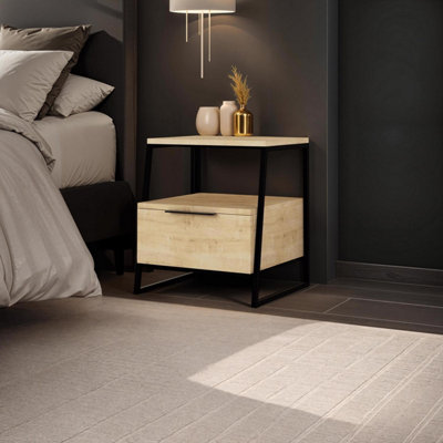 Fwstyle Oak 1 Drawer Bedside Table Nightstand Black Metal