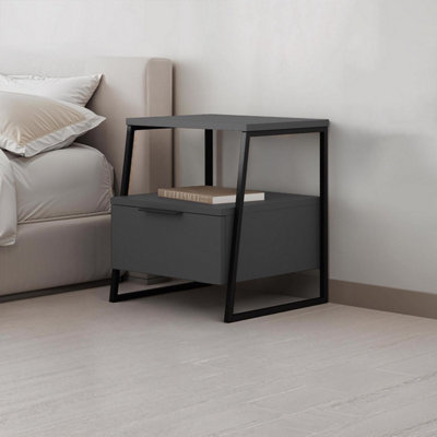 Fwstyle Unisex Grey Dark 1 Drawer Bedside Table Nightstand Black Metal - Image 8