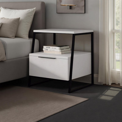 Matt White 1 Door Bedside Table Nightstand Black Metal Frame - Image 8