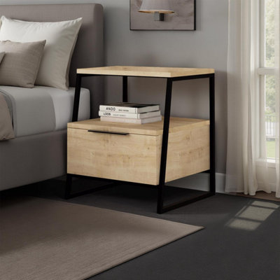 B&Q -  Oak 1 Door Bedside Table Nightstand Black Metal