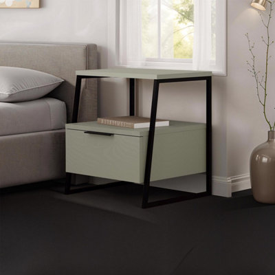 B&Q -  Sage Green 1 Door Bedside Table Nightstand Black Metal