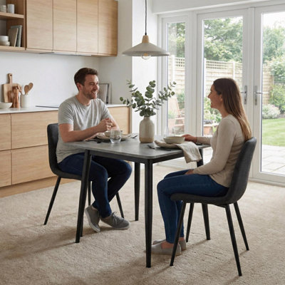 Fwstyle 3 Piece Grey Marble Effect Stone Square Dining Table & Grey Chairs Set