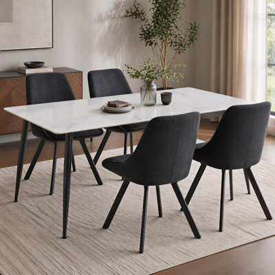 B&Q -  Monaco White Sintered Stone 5 Piece Dining Table Set With 4 Black Chenille Swivel Chairs