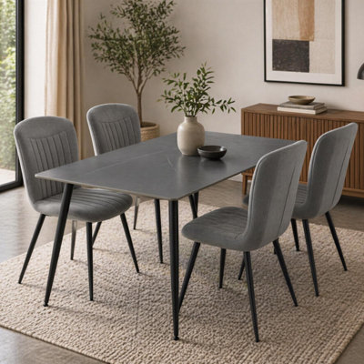 B&Q -  Monaco Grey Sintered Stone 5 Piece Dining Table Set With 4 Grey Waterfall Clamshell Dining Chairs