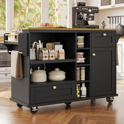 Btm Dining Trolley With Drawers And Storage Cupboards Mobile Kitchen Cart With Wooden Worktop Black from B&Q