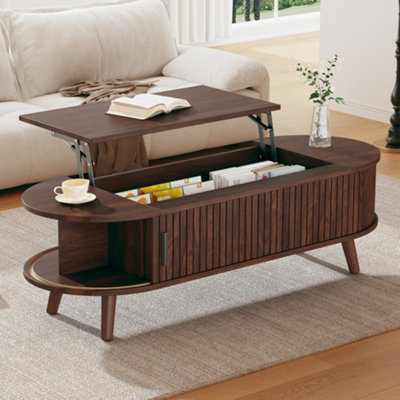 Btm Lift Up Oval Coffee Table With Hidden Storage Space Saving Centre Table Dark Wood
