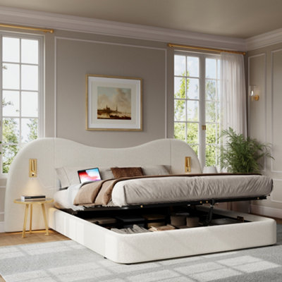 Btm 180X200Cm Upholstered Hydraulic Storage Bed With Usb Reading Light Boucle White from B&Q
