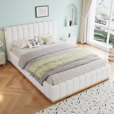 Btm 4Ft6 Double Upholstered Bed 135X190Cm With Soft Headboard Sturdy Slats Pu Frame Beige from B&Q