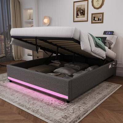 Btm 5Ft King Hydraulic Storage Bed With Led Lights Charging Station Grey from B&Q