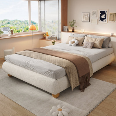 Btm 4Ft6 Double Upholstered Bed Boucle Bed Frame With Sturdy Slats 135X190Cm Beige
