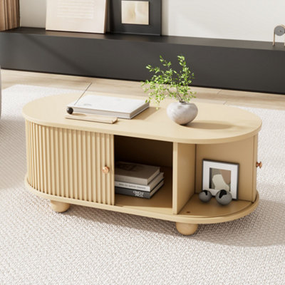 Btm Oval Coffee Table With Sliding Doors And Hidden Storage Mdf Wood Finish