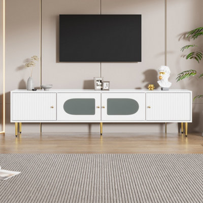 Btm Modern Tv Stand, 4 Doors, 2 Glass Doors, 170X35X50Cm, White, For 70" Tv