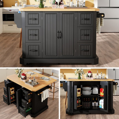 Btm Mobile Kitchen Island Cart With 2 Doors And 6 DrawersAdjustable 45 To 75CmBlack from B&Q