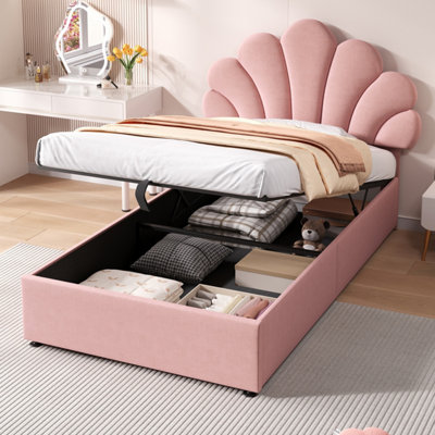 Btm 3Ft Upholstered Hydraulic Bed With Petal Headboard And StorageVelvetPink from B&Q