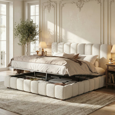 Btm 5Ft King Hydraulic Storage Bed 150X200Cm With Slatted FrameWhite Bouclé from B&Q