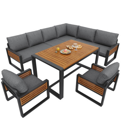 Btm Outdoor Garden Sofa Set For 8 Solid Wood Lounge Set With Dining Table Adjustable Feet Full Cushions Grey from B&Q