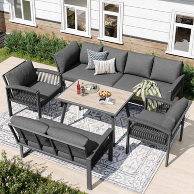 Btm Garden Lounge Set Furniture Set For 8 People Ropework Large Table Wood Grain Finish Galvanized Iron Frame Cushions Included from B&Q