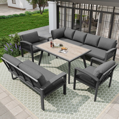 Btm Garden Furniture Set For 8 Ropework Lounge Set Large Table Wood Grain Finish Galvanized Iron Frame Adjustable Legs Cushions from B&Q