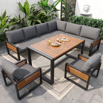Btm Patio Lounge Set Solid Wood Garden Sofa Set With Dining Table For 8 Adjustable Legs With Cushions Grey from B&Q