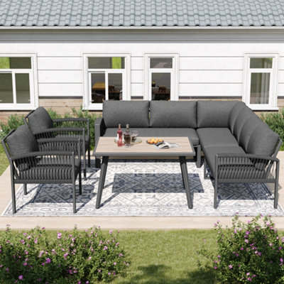 Btm 8 Seater Garden Lounge Set Ropework Furniture Set With Wood Effect Table Galvanized Iron Frame All Cushions Included Grey from B&Q