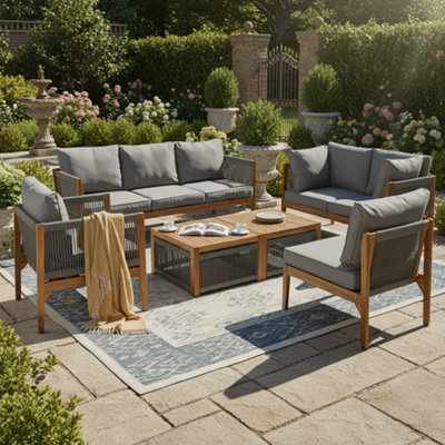 Btm 6-7 Seater Acacia Wood Garden Lounge SetRope Corner SofaGrey from B&Q