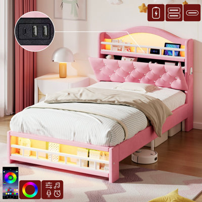 Btm 3Ft Velvet Led Bed Frame With Charging Station & Storage HeadboardPink (No Mattress) from B&Q