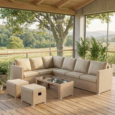 Btm Outdoor Rattan Corner Sofa Set With Coffee Table And Two Stools Khaki Garden Furniture from B&Q