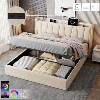 Btm 5Ft King Ottoman BedLed Headboard With ChargingLinenBeige from B&Q