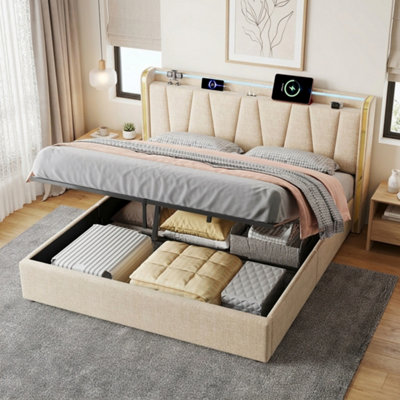 Btm 5Ft King Upholstered Bed With Hydraulic Storage Led Headboard Charging Station Usb Type C Linen Beige No Mattress from B&Q
