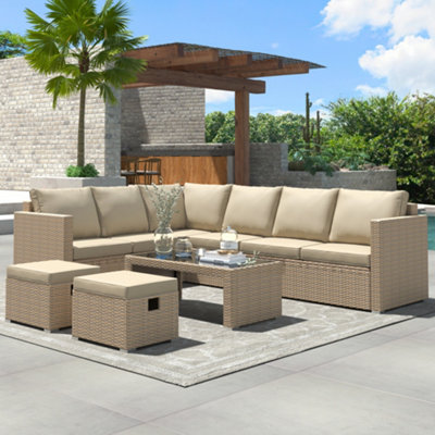 Btm Garden Corner Sofa Set Rattan Sofa Outdoor Furniture With Coffee Table 2 Stools,khaki from B&Q
