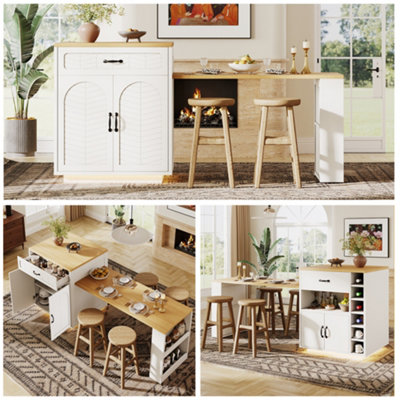 Btm Extendable Kitchen Island With Dining TableStorage CabinetWine Rack & Led