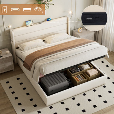 Btm 4Ft6 Upholstered Bed With ChargingLed Reading Light & Hydraulic StorageBeige from B&Q