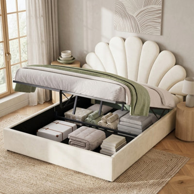 Btm 4Ft6 Double Upholstered Hydraulic Bed Velvet Frame With Storage Solid Wood Slats Beige No Mattress from B&Q