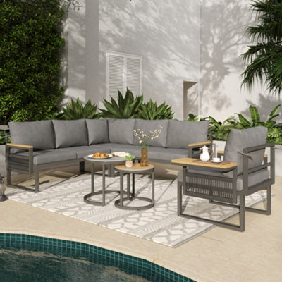 Btm 6-7 Seater Garden Lounge SetIron FrameReclining SeatsPlastic Wood TableGrey from B&Q