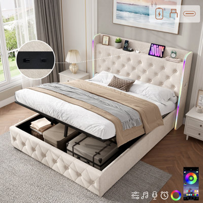 Btm 4Ft6 Double Upholstered BedHydraulic StorageLed HeadboardUsb/type-CLinenBeige (No Mattress) from B&Q