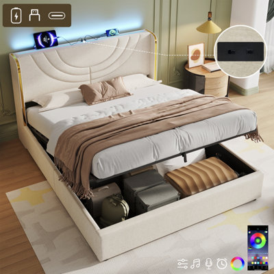 Btm 4Ft6 Double Upholstered BedHydraulic StorageLed HeadboardUsb/type-CLinenBeige (No Mattress) from B&Q