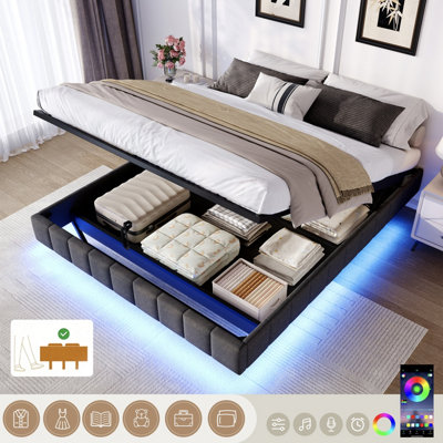 Btm 4Ft6 Double Floating BedHydraulic StorageRgb LedNo HeadboardLinen Grey (No Mattress) from B&Q