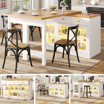 Btm Extendable Kitchen Island With Led Lights120-200CmAdjustable Dining Table With Storage3 Drawers & Glass Cabinets from B&Q