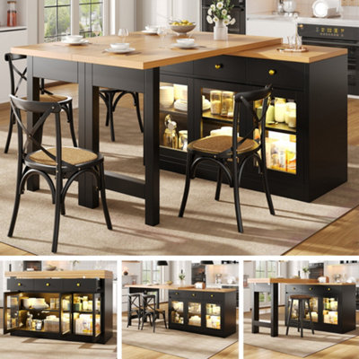Btm Extendable Kitchen Island With Led LightsAdjustable Dining Table With Storage3 Drawers & Glass Cabinets from B&Q